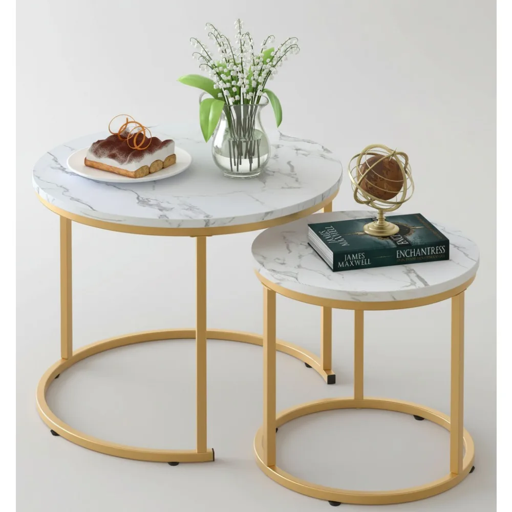 

Modern Nesting Coffee Table Set of 2, White Marble Round Side Tables with Golden Frame for Living Room