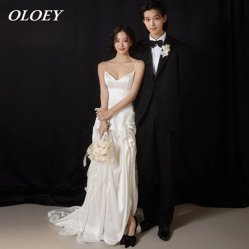 OLOEY Unique Pleat Silk Satin Bows Wedding Dresses Korea Photoshoot Bridal Gown Spaghetti Straps Customized Sweep Train