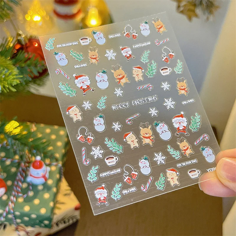 5D Embossed Snowflake Santa Elk Nail Art Stickers Cute Christmas Cartoon Nail Decals Gifts Manicure Decoration Accessories