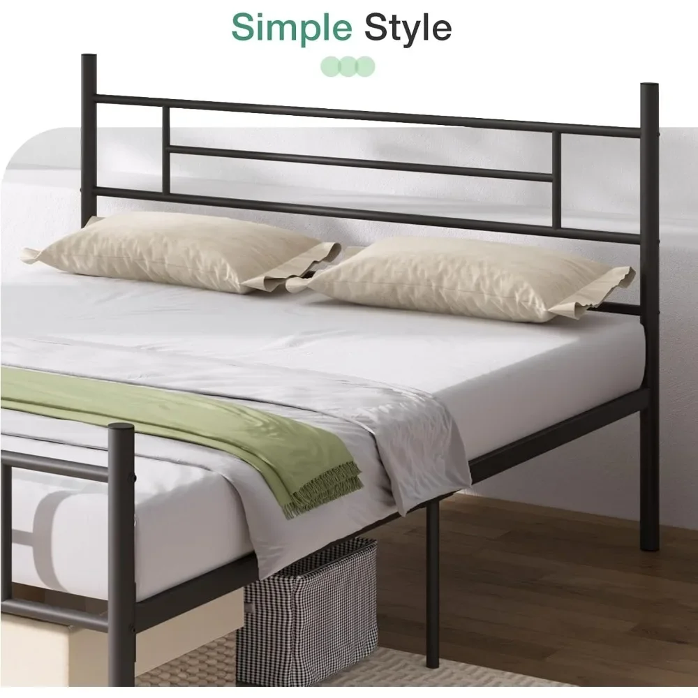 Full Size Bedframe Met Hoofdeinde En Treeplank, 14 Inch Metalen Platform Bedframe, Onder Bedopslag