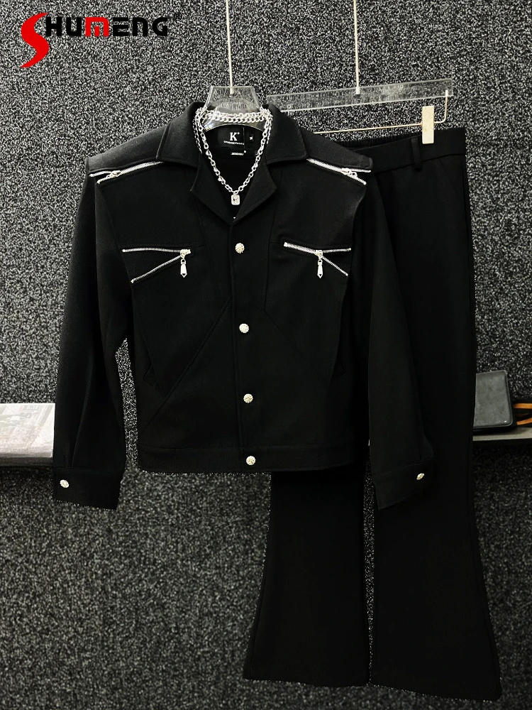 

2026 Spring Men's New Trendy Two-piece Sets High-end Pants 2pcs Zipper Decoration Stylish Jacket Coats Flared Pants Fashion Sets