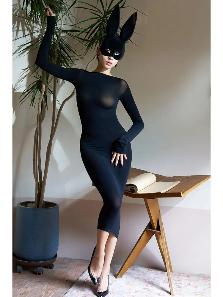 120D Matt Nylon Bodystocking Long Sleeve Midi Dress Tight Package Hip Bodycon Dresses Hot Sexy Transparent Vestido Body Lingerie