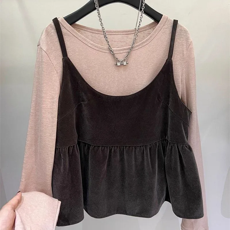 

Women T-shirt Blouse 2026 Spring Autumn New Fashion Stacked T-shirt Top Short Velvet Strap+Long Sleeved T-shirt Two Piece Set