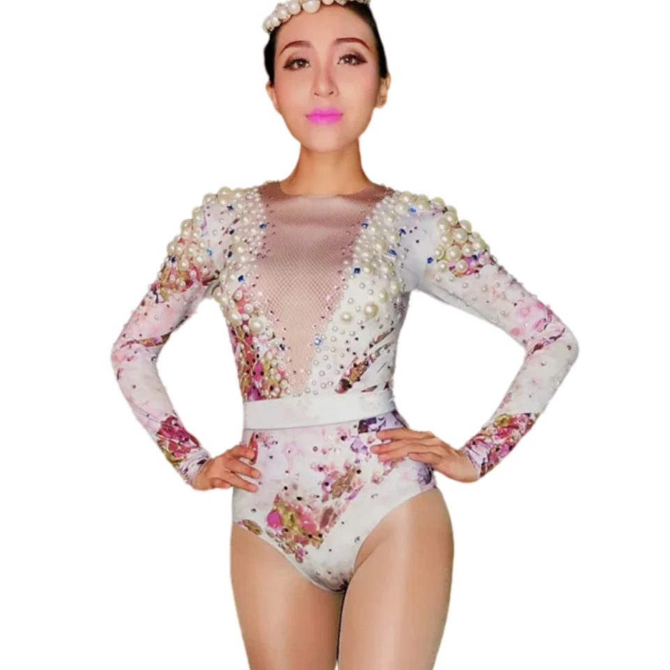 

Floral Pattern White Pearl Rhinestones Bodysuit Dancer Performance Stage Leotard Women Nightclub Bar Sexy Pole Dance Costume