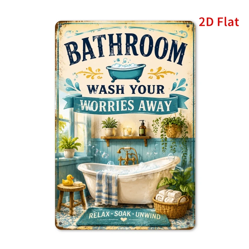2D Flat - [2Dflat], 1pc 30X20Cm Bathroom Tin Sign, Wash Your Worries Away Vintage Bathtub Plant Metal Decorative Signs, Restr