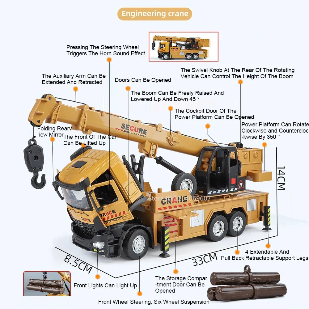 1:24 Ingegneria Gru Miscelatore Camion Modelli Giocattolo Pressofuso In Metallo Suono Luce Porte Aperte Tirare Indietro Ornamento Veicoli per I Ragazzi Regali
