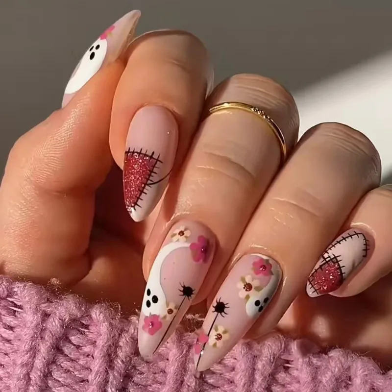 

24 Pcs Halloween Fake Nails White Ghost Almond False Nails for Gluing Realistic Nail Tips Artificial Press on Nails with Charms