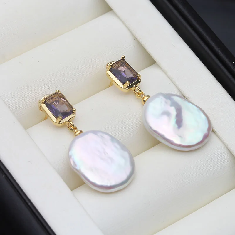 Gold Plated Baroque Pearl Earrings For Women,Real Natural Freshwater Pearl Drop Earring Wife Mothers Gift White Purple