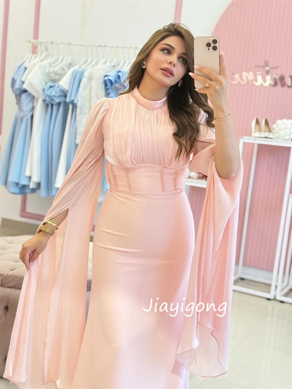 Customized Exquisite Jersey Pleat Trumpet O-Neck Long Dresses Bespoke Occasion Evening High Quality Chinese Style