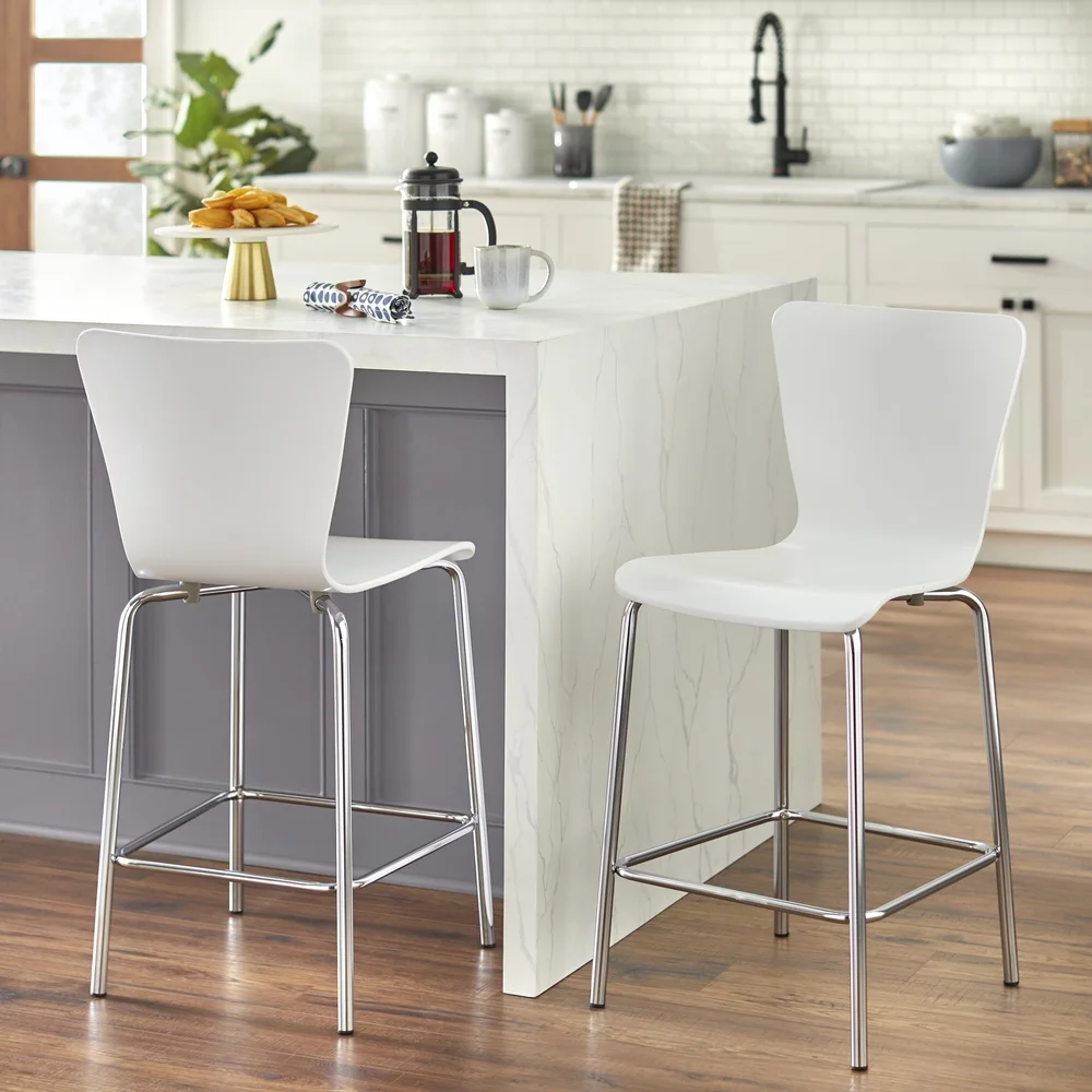 Set of 2 Modern Bentwood Stools with Chrome Legs Retro Design 24 Inch Height Comfortable Dining Kitchen Bar Furniture