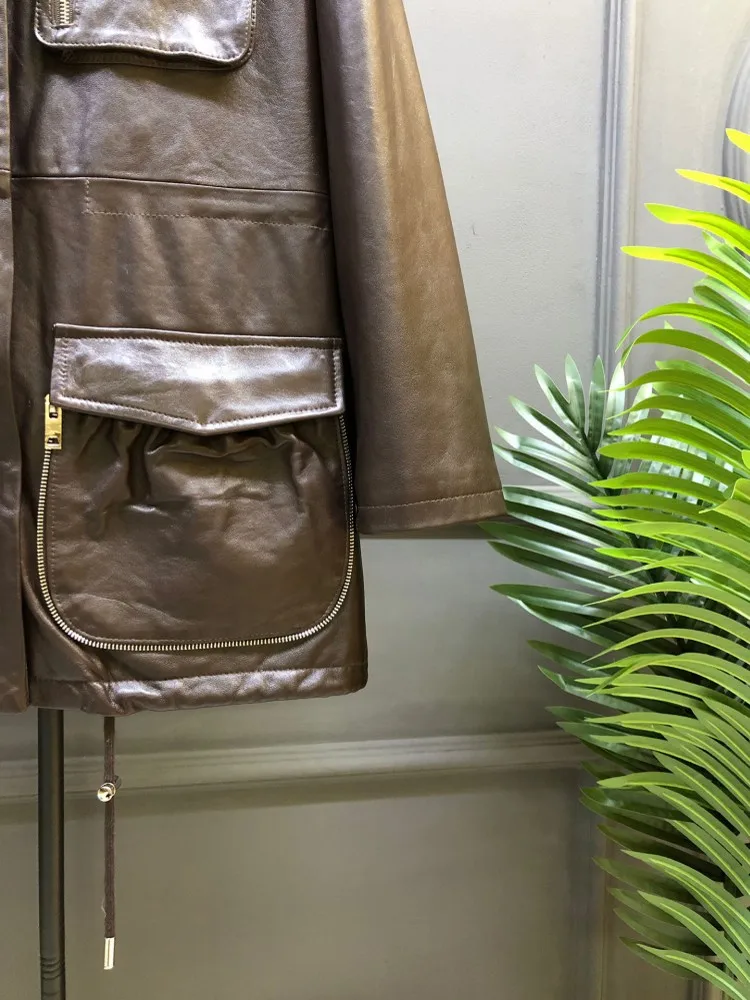 Veste mi-longue ample en cuir véritable pour femme, style vintage, en peau de mouton cirée à l'huile, multi-poches, col montant, vêtement d'extérieur tendance