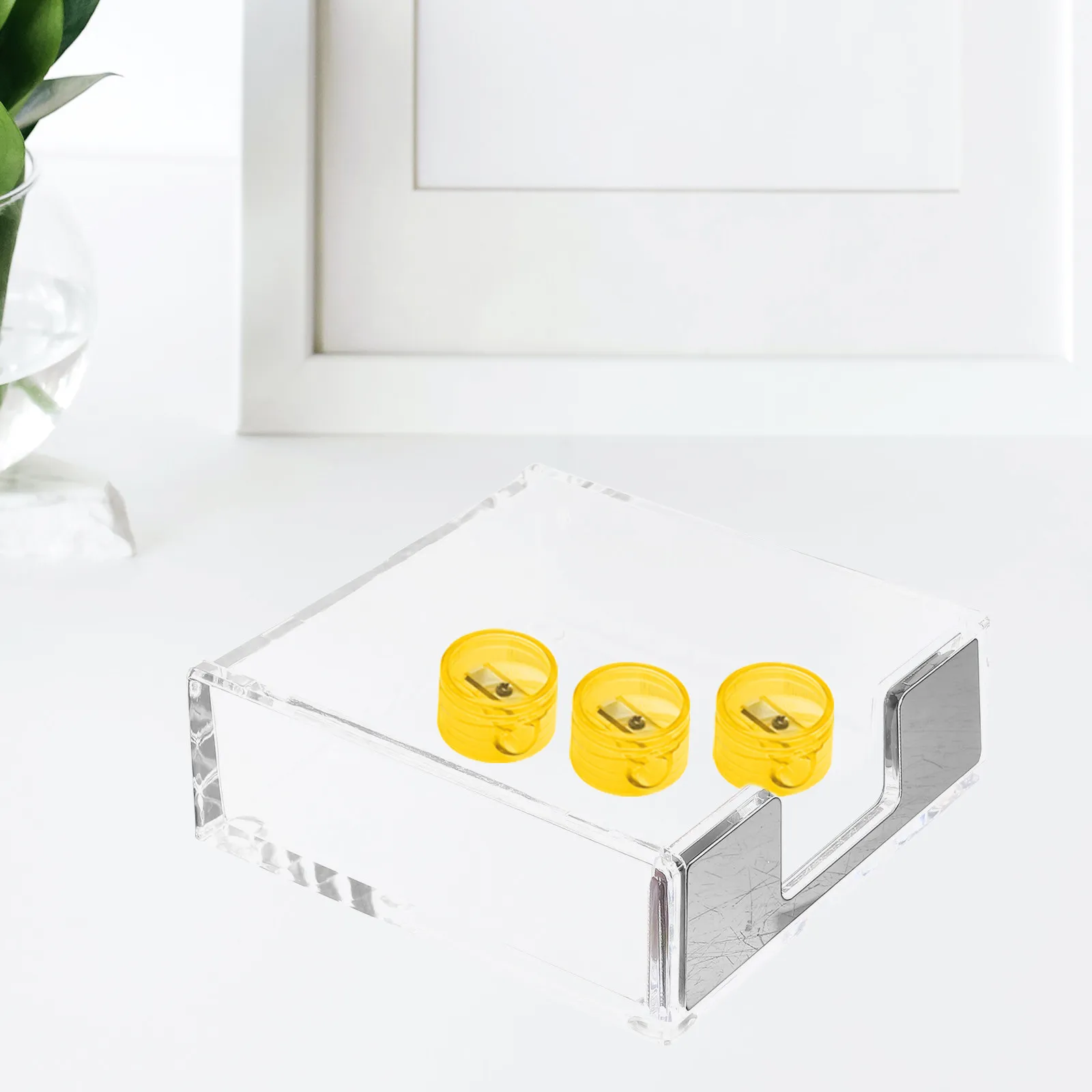 Desktop Memo Pad Container Clear Acrylic Notepad Holder for Office Home School Use Memo Pads Business Cards Paper Clips