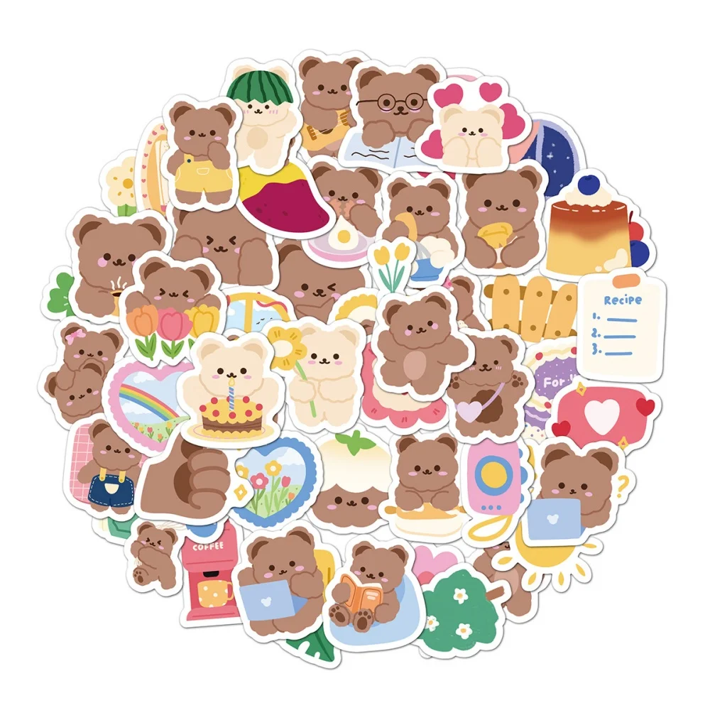 50pcs Cute Cartoon Bear Stickers for Kids Laptop Lovely Aesthetic Bear Stickers Waterproof Vinyl Trendy Decal  Luggage Phone