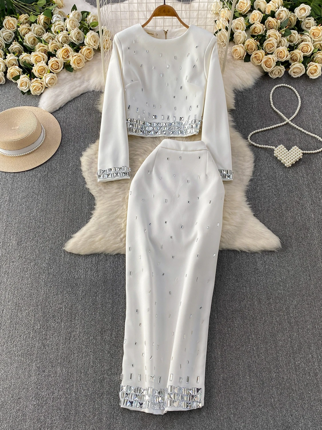

Elegant Slim Fit round Neck Zipper Design Heavy Embellished Jacket Top Half Skirt Two Piece Set Fashionable Commute Style Wom...