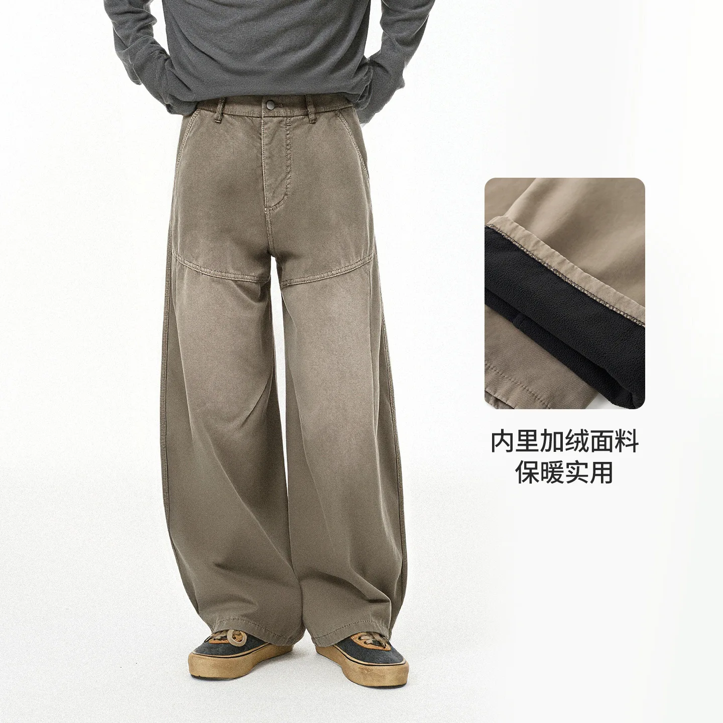 남성용 워싱 카고 팬츠 플리스 안감 작업복 팬츠 빈티지 스타일 바지