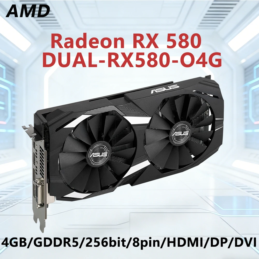 ASUS RX 580 4GB GPU DUAL RX580 O4G 4GB GDDR5 256bit placa gráfica Suporte PCI-E 3.0 HDMI DVI DP 8pin Ventilador duplo placa de vídeo