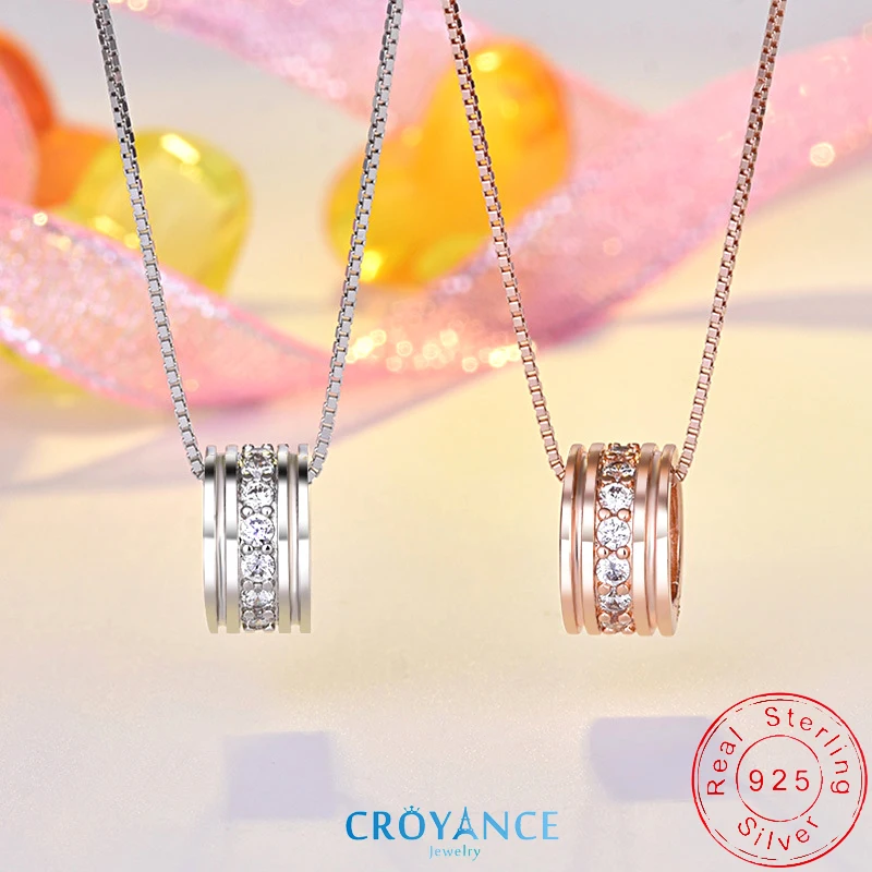 925 Sterling Silver Round Zircon Rotatable Pendant Necklace Women Fashion Jewelry Gift Circle  Shape Rose Gold Rhinestone Choker