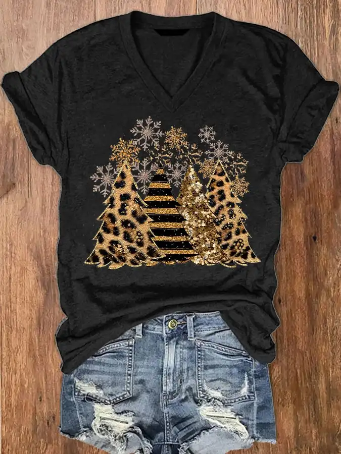 

Women's Leopard Christmas Tree Print V-Neck T-Shirt