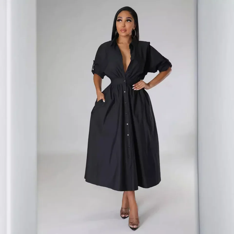 

Women's Solid Color Casual Trendy Loose A-line Turn-down Collar Long Sleeve Ankle Length Dresses American European New Fashion
