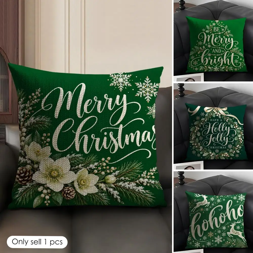 Merry Christmas Green Cushion Cover Skin-Friendly Organic Linen Pillow Cover Durable Hypoallergenic Washable Soft