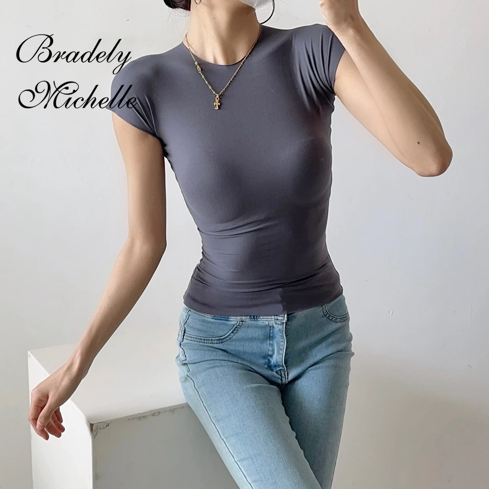 Round Neck Summer New Solid Women Short Sleeve Tops Sexy Pullover Bottoming Blouses T-shirt