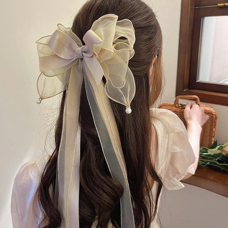 2024 Korean Hair Clip Multi-Layer Pearlescent Ribbon Bow Spring Hairpins Women's Creative Chiffon Clips Girls Hair Accessories