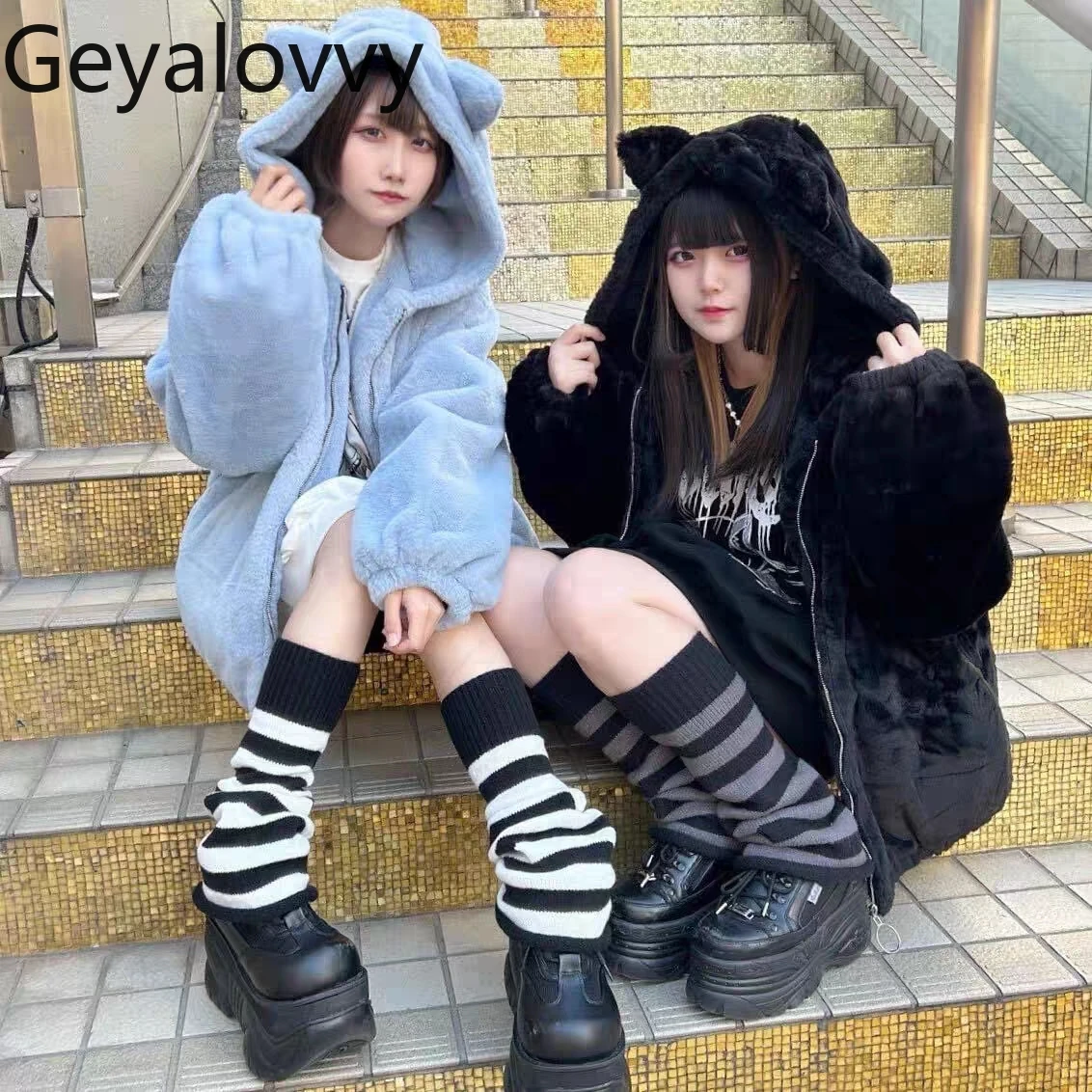 

Versatile Hooded Plush Jacket Autumn Winter Soft Girl Cute Sweet Japanese Subculture Solid Color Faux Rabbit Fur Sweatshirt
