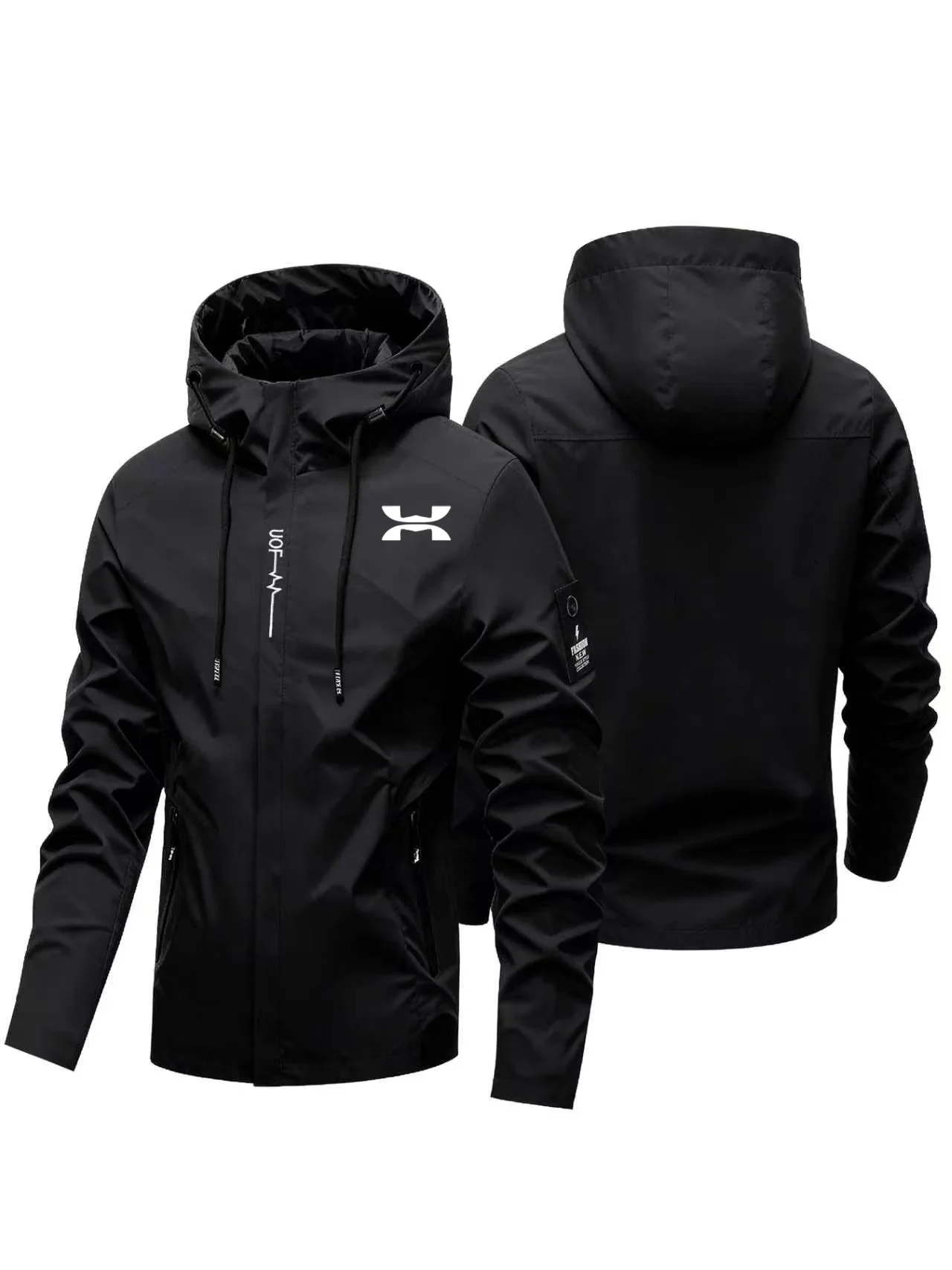 2026  Mens Abstract Cross Logo Hooded Windbreaker Jacket Male Zipper Long Sleeve Outdoor Hiking Casual Hood Jacket