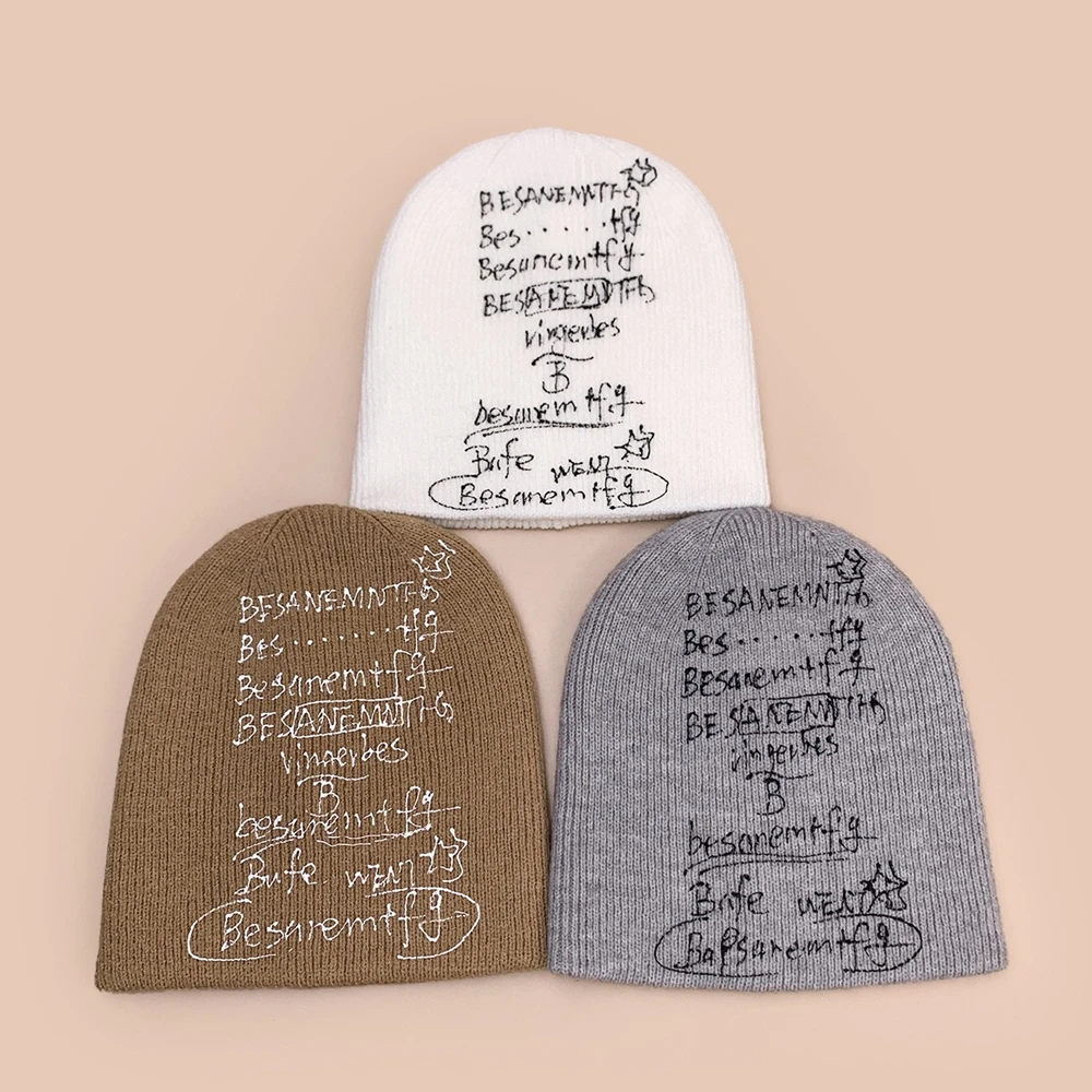 New Style High Quality Letter Graphic Print Beanie 100%Cotton Winter Skullcap Stretchable Casual Cap Unisex