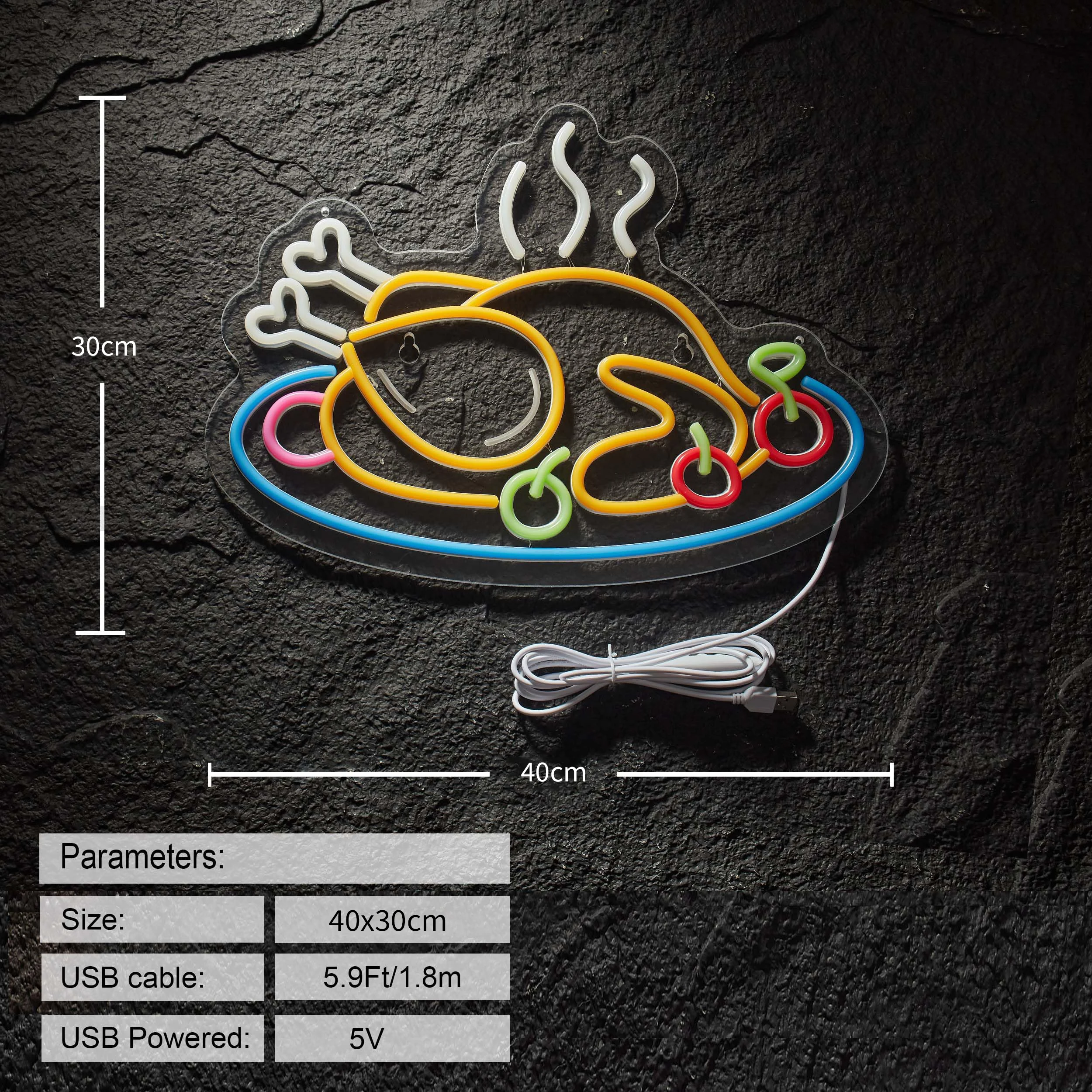 Grilled Chicken LED Neon Sign for Wall Decor Roast Chicken Shop USB Power Dimmable Switch for Thanksgiving Party Flame Art Decor