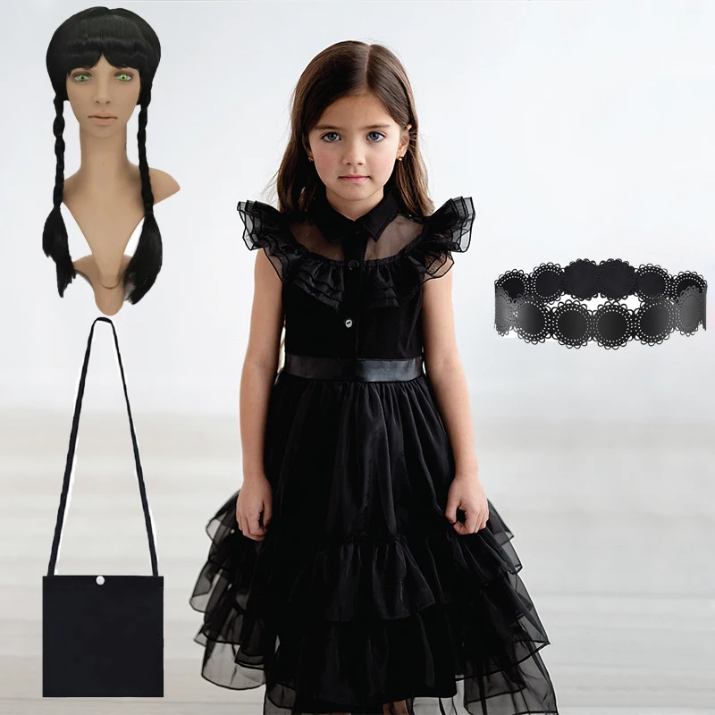 

4-12 Years Wednesday Addams Cosplay Girls Princess Dress Long Style Mesh Halloween Party Performance Dress+Leather Belt+Wig