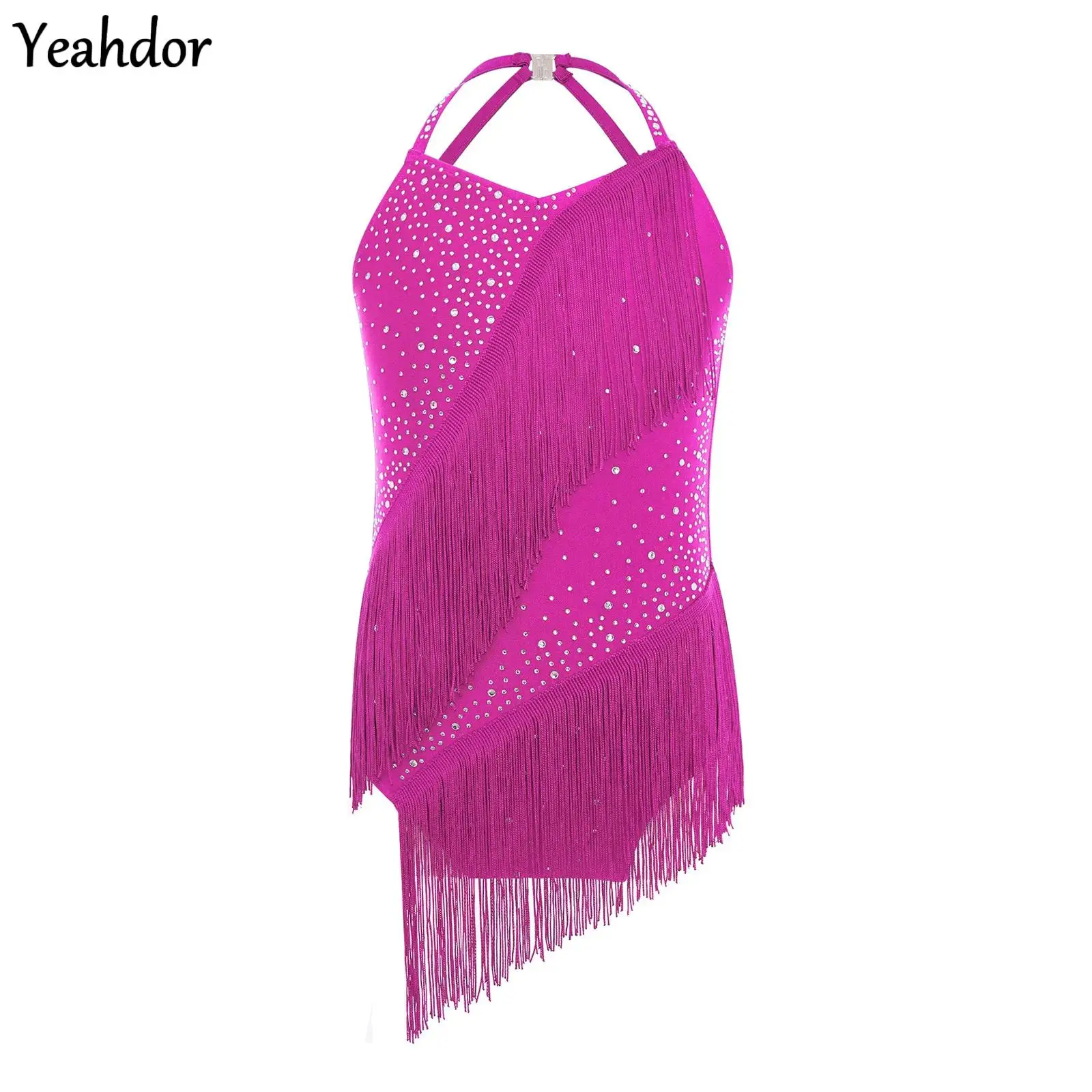 女の子タッセルラテンダンスレオタードノースリーブホルターバックレスラインストーンバレエ体操フィギュアスケートチャチャサルサダンスウェア