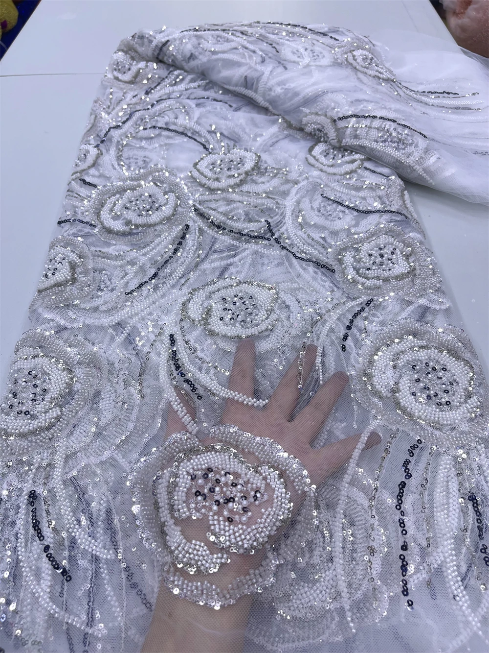 2024 High Quality African Nigeria  Tulle Lace Fabric Sequins  French Embroidery Wedding Party Dress Beads Stone 5Yards JY365