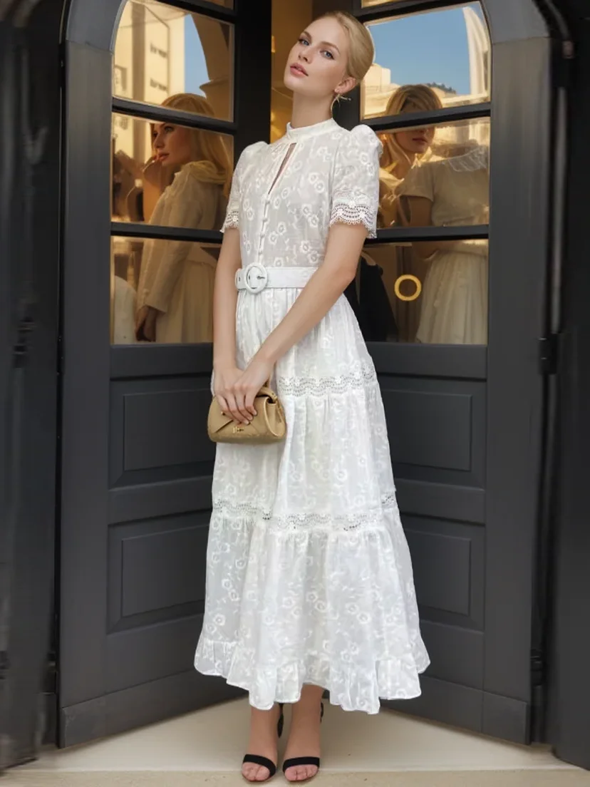 

SEQINYY Elegant Midi Dress Summer Spring New Fashion Design Women Runway Vintage Embroidery Flower Lace Holiday Casual Belt