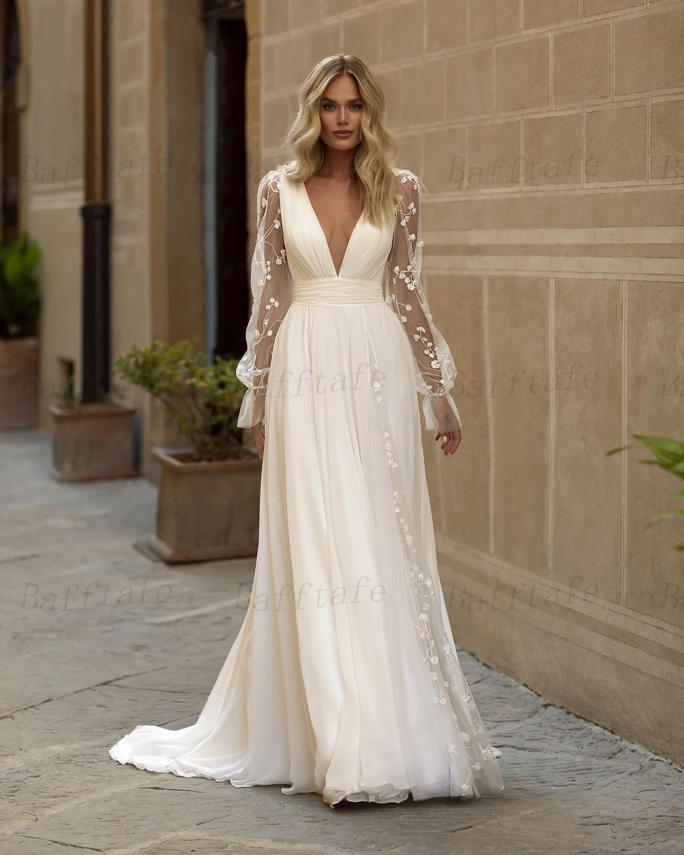 A Line Chiffon Wedding Dresses Lace Long Sleeves V-Neck Weding Photography Gowns Formal Bridal Gowns Party Dress Customized