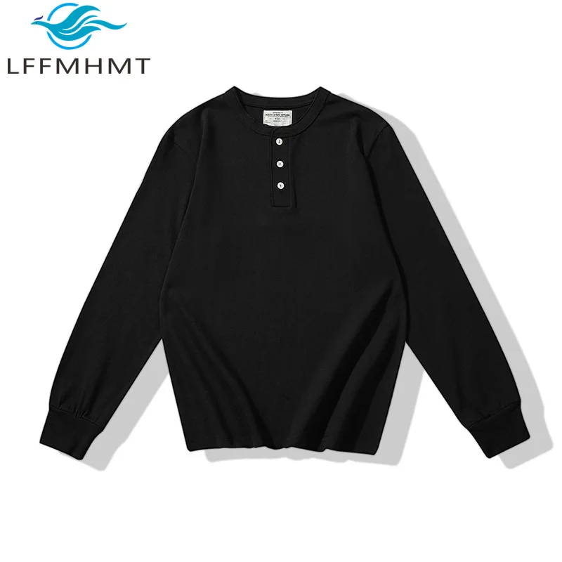 

OK2201 Good Quality 280g/m²cotton Heavyweight Long Sleeve T-shirt Men Spring Autumn Fashion Solid Color Simple Basic Henry Shirt