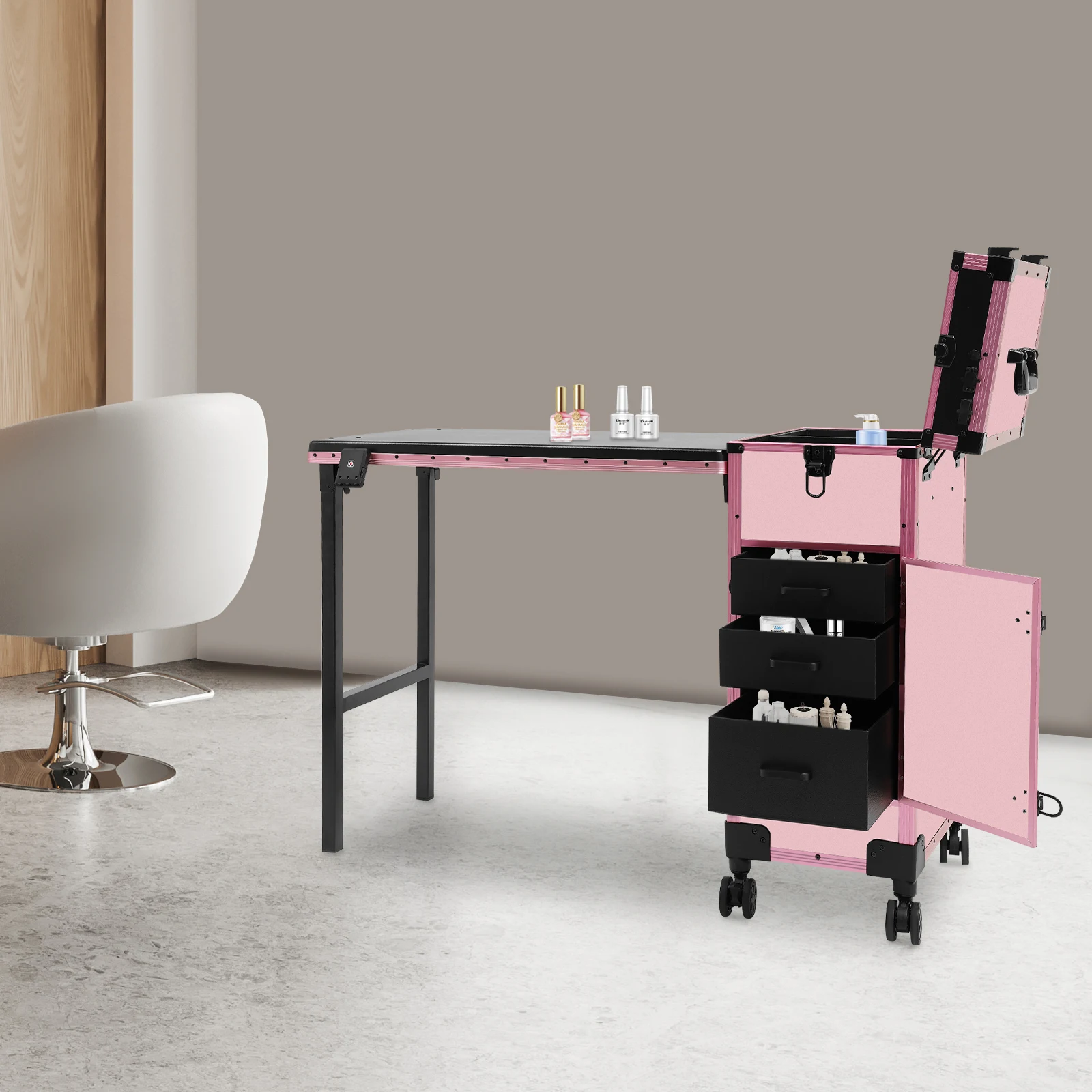3-Tier Foldable Makeup Trolley with Lockable Drawers and Combination Lock, Mobile Beauty Case with Fold-out Table for On-Site Makeup - view 3