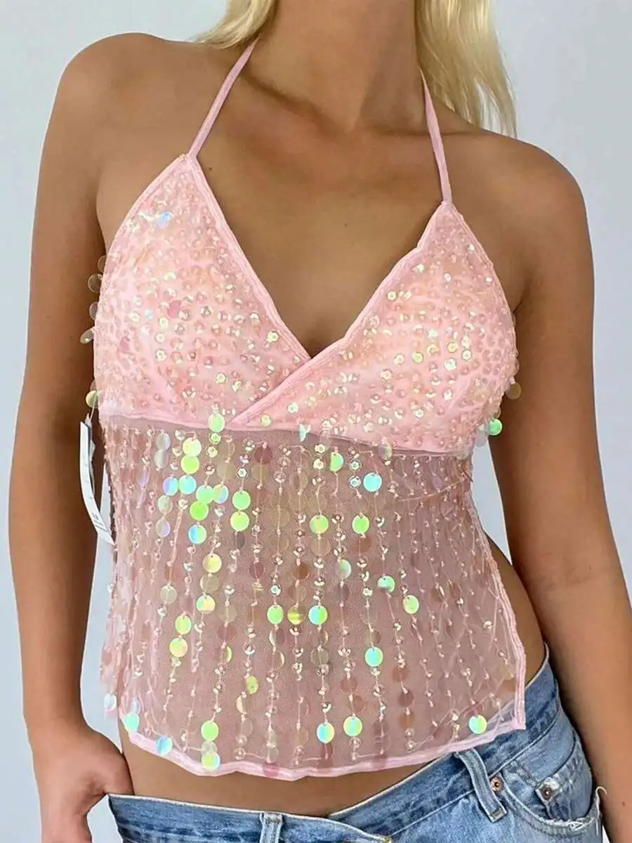 

Womens Y2K Sequin Halter Cami Top Low Cut V Neck Open Back Sparkle Tank Summer Clubwear