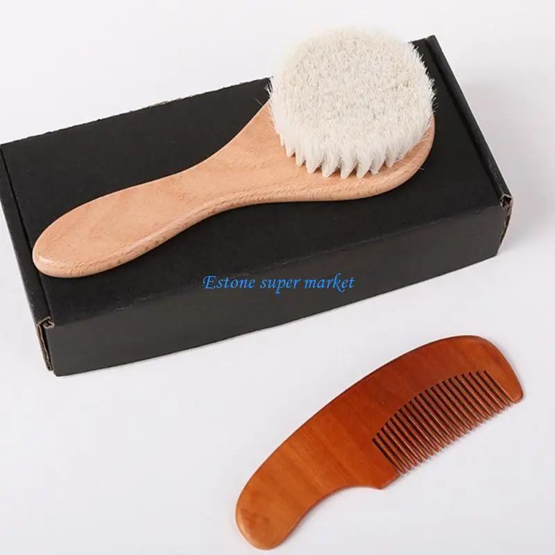 090B Baby Comb & Bath Brush Set Soft Wool Bristles Gentle Hair Care Safe Component Lightweight Travel for Newborns