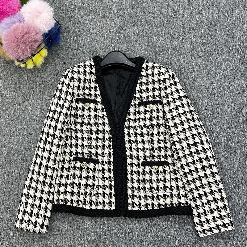 JANEFUR 2024 Women Vintage Short Tweed Jakcet Korean Fashion Stripe V-neck Knitted Cardigans Coat Elegant Outwear