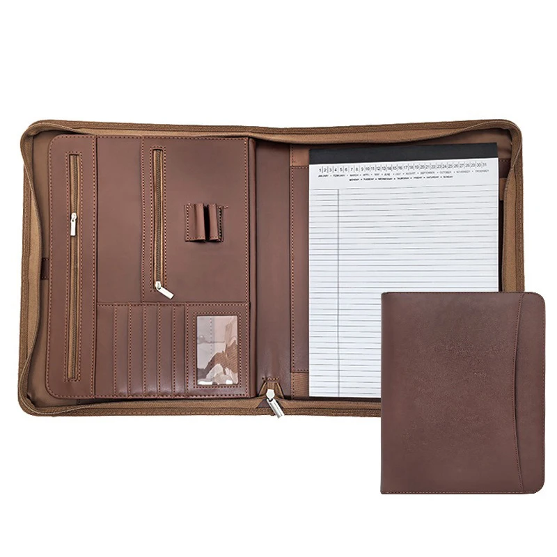 

Multifunctional Large Man Leather Zippered Portfolio Folder for A4 Document Organizer Executive Foliios Holder Briefcase Office