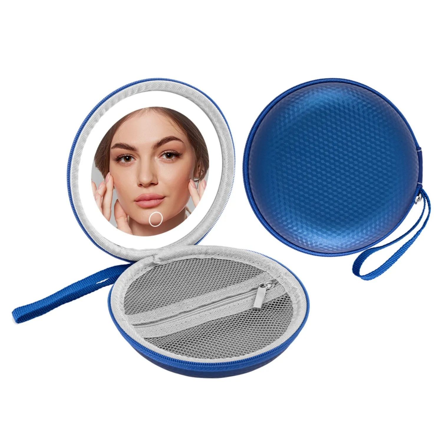 Espelho de maquiagem de couro portátil - com escurecimento por toque, armazenamento de batom embutido, alça suspensa e recarregável