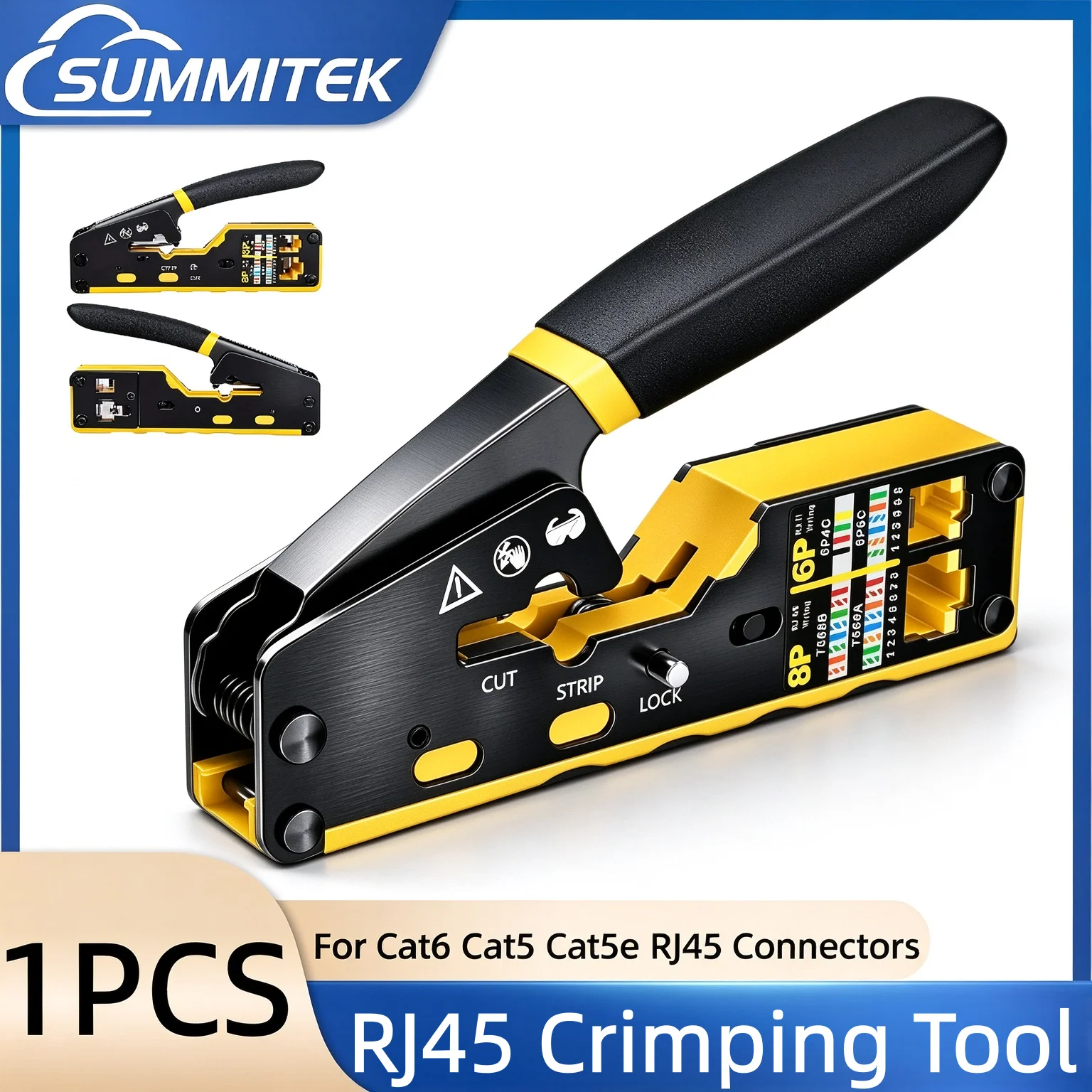 SUMMITEK RJ45 Crimp Tool Pass Through Ethernet Stripping Crimping Tool for Cat6 Cat5 Cat5e RJ45 Connectors