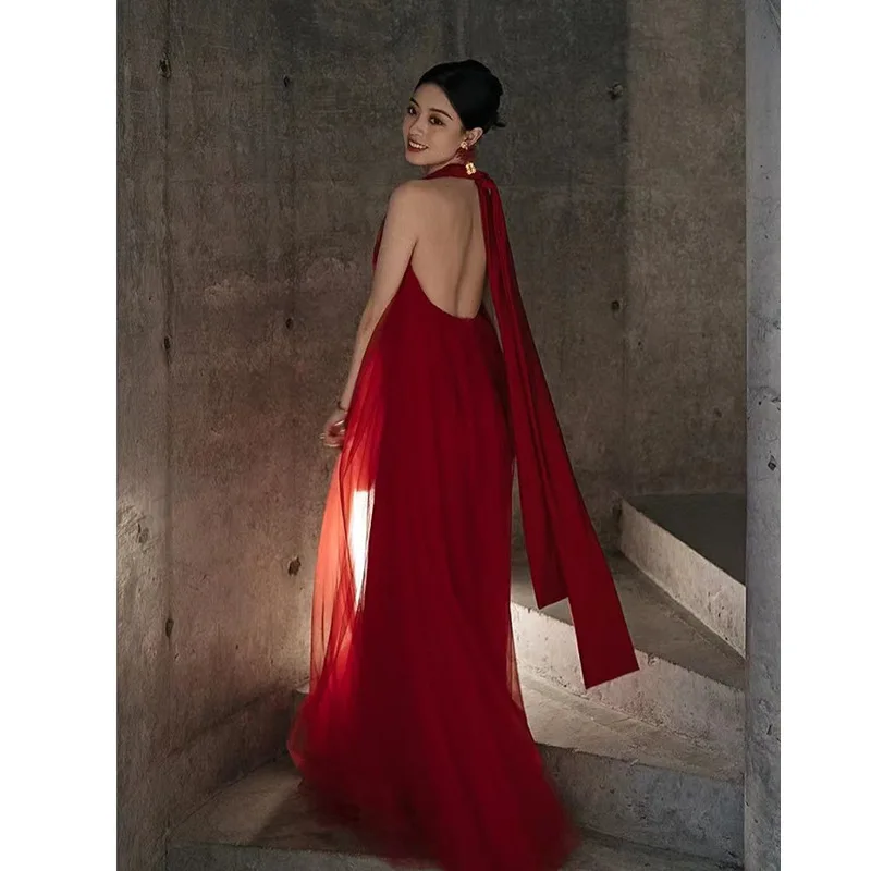 

Ele Chinese Sle Morning Robe Wedding Dr for Women Red Wine Serving Costume Long Skirt ort Sve Ele Dr