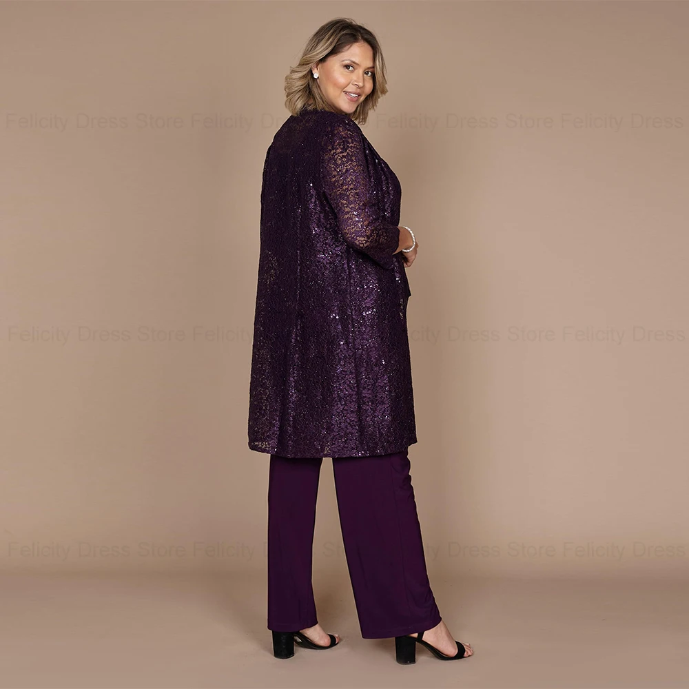 Elegant 3 Piece Plus Size Mother of the Bride/Groom Dress 2024 with Jacket Lace Jumpsuit Wedding Guest Dresses Sequin Pant Suit