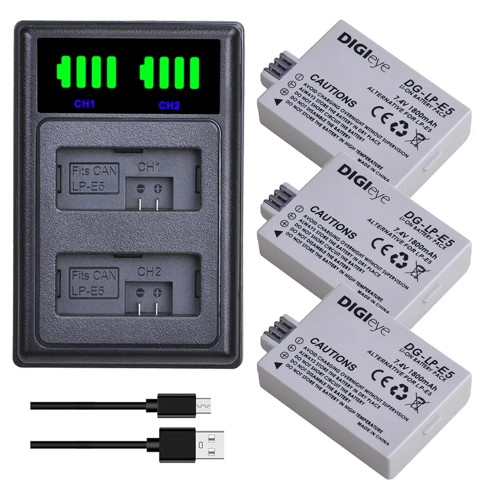 1800mAh 7.4V LP-E5 LP E5 Camera Battery + LED LPE5 Bateria Charger for Canon 500D 450D 1000D Rebel Xsi Kiss X3/F Batteries