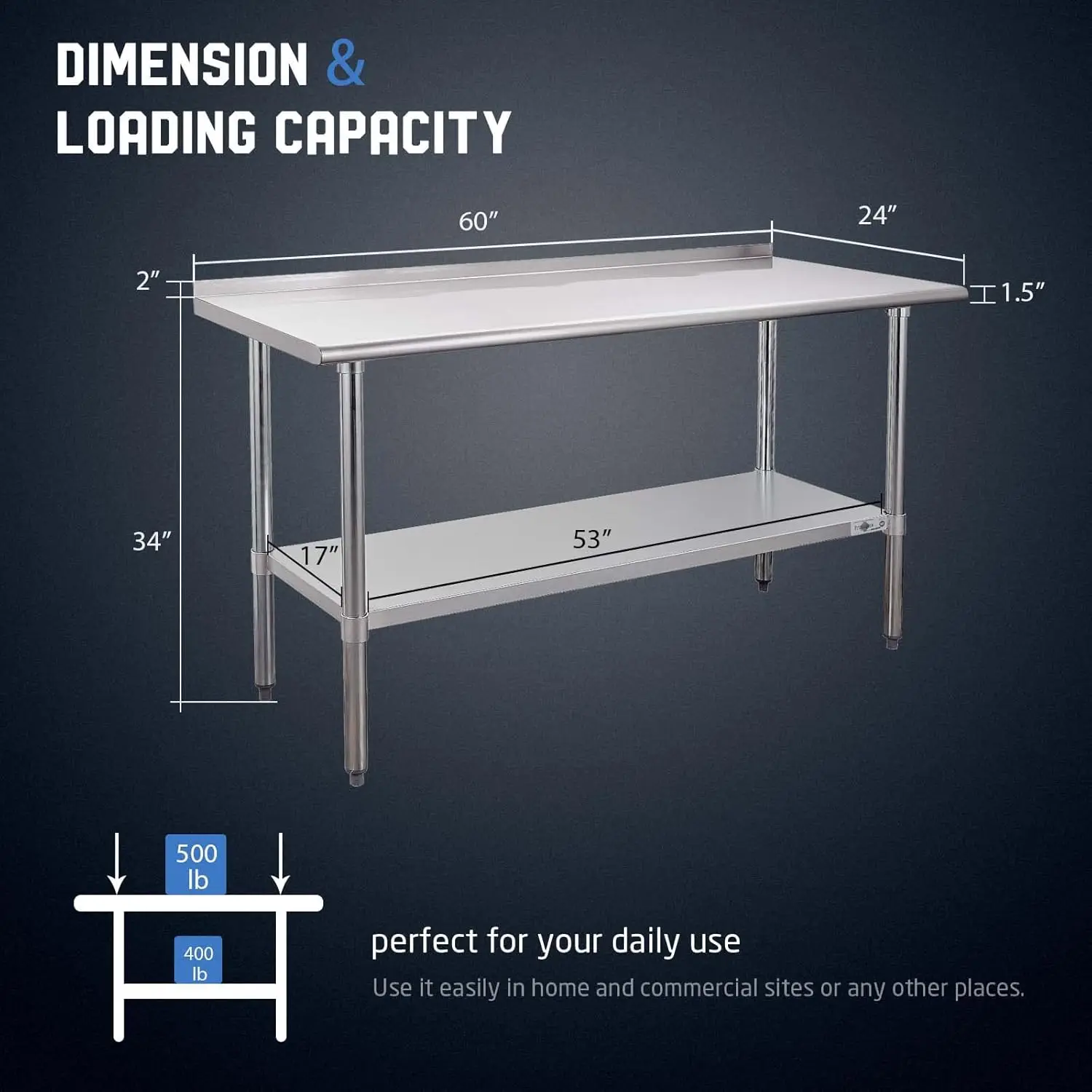 Mesa de preparação de aço inoxidável Mesa de trabalho comercial NSF com backsplash e undershelf para cozinha restaurante 24x60 polegadas