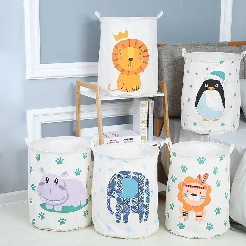 

Children Toys Storage Basket Foldable Household Laundry Bag Cute Cotton Linen Bucket Cartoon Print Clothes Organizer Baskets