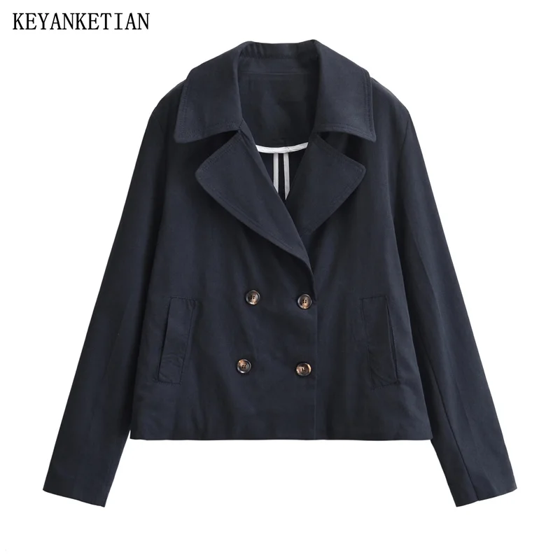 

KEYANKETIAN New Launch Women's Double Breasted Navy blue Short Trench Coat British style Notched Collar Pockets Loose Outerwear