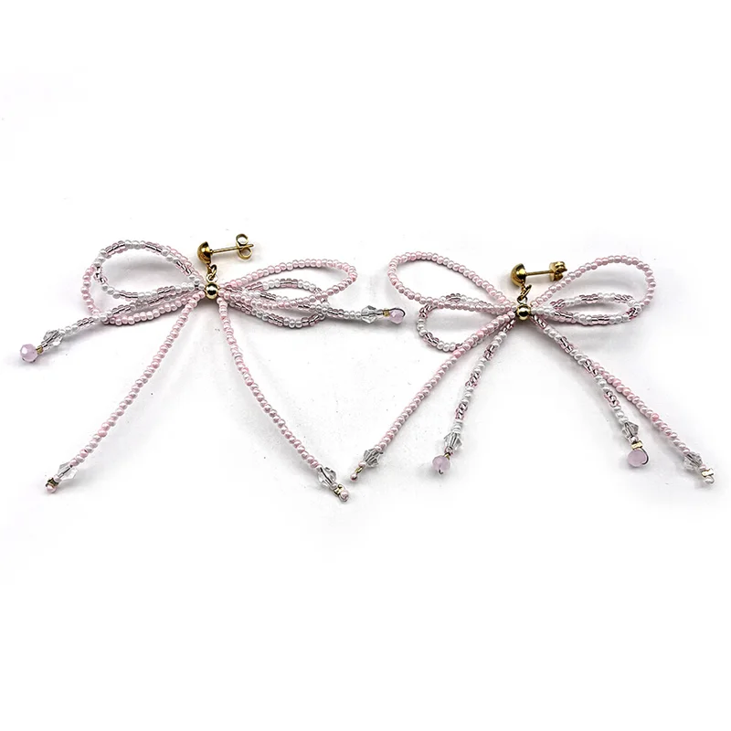 الوردي شرابة Bowknot استرخى أقراط للنساء الفتيات اليد المنسوجة الخرز الفولاذ المقاوم للصدأ موضة الإناث انخفاض القرط مجوهرات هدايا